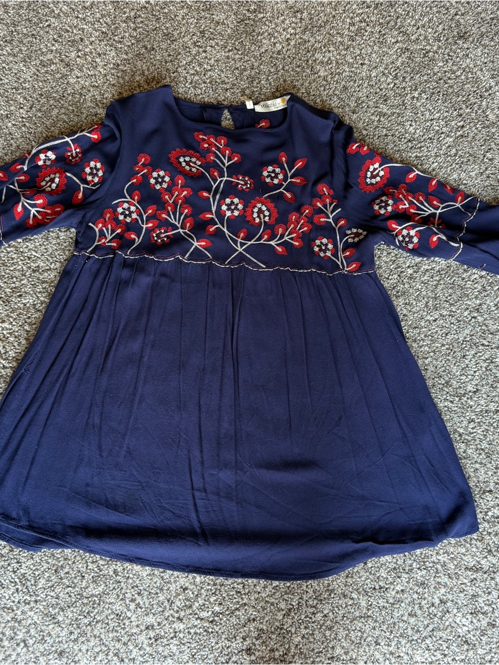 Embroidered Navy Blouse with Red Floral Detail